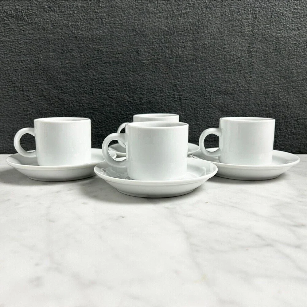 Pier 1 White Porcelain Demitasse Cups Saucers Set of 4 Espresso Coffee
